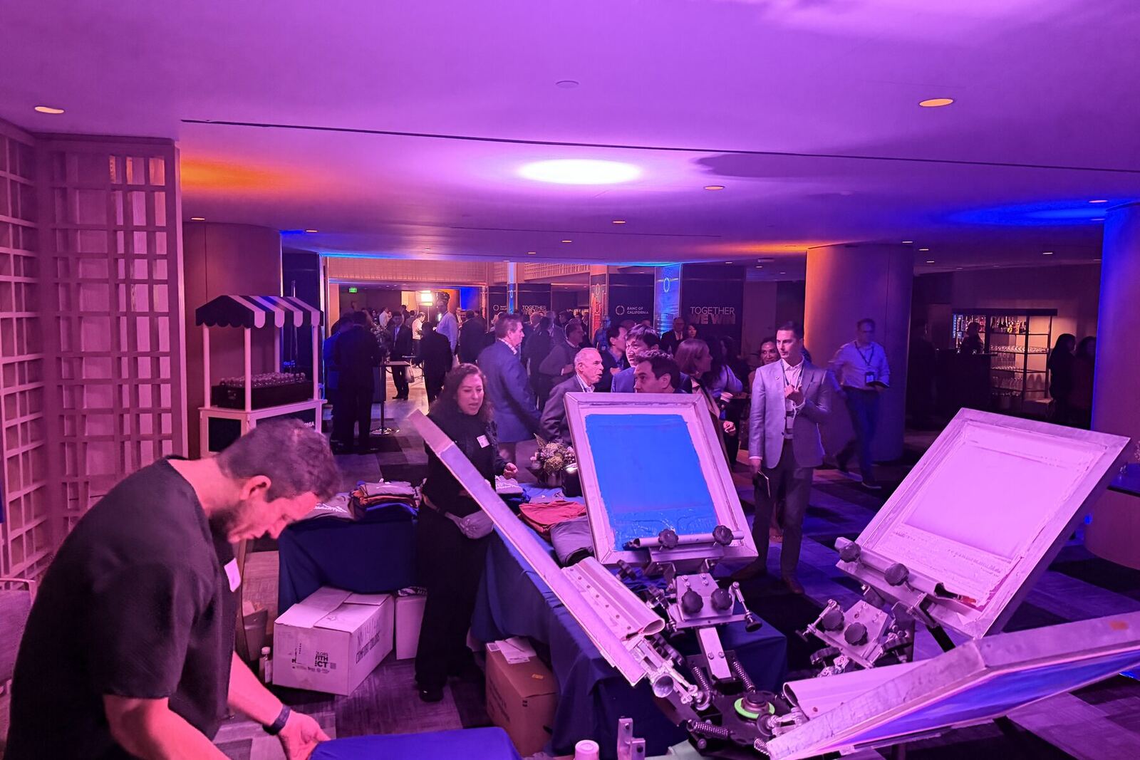 Night event activation with screen printing and live crowd